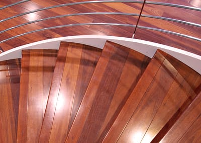 Jarrah timber flooring spiral staircase with curved steps