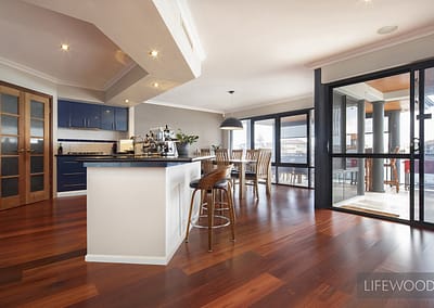 open plan home on the Mandurah canals with large kitchen and jarrah floorboards