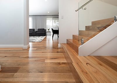 Marri timber flooring throughout lower level of Perth home